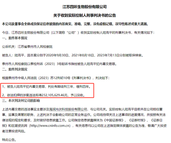 四环生物实控人陆克平犯内幕交易罪，被判处有期徒刑三年缓刑四年、没收违法所得2.32亿元-第1张图片-贸易