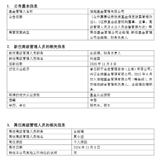 恒越基金高管变更：黄小坚结束4年4个月任期 郑继国升任总经理兼财务负责人-第1张图片-贸易